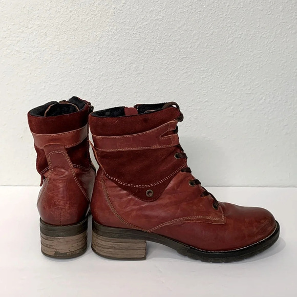 Dromedaris Women's Kara Combat Red Leather + Suede Lace-up Comfort Inside Zip - Picture 4 of 13